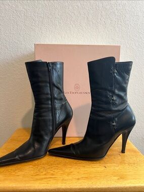 Les Tropeziennes Black Leather Pointed-Toe Stiletto Ankle Boots